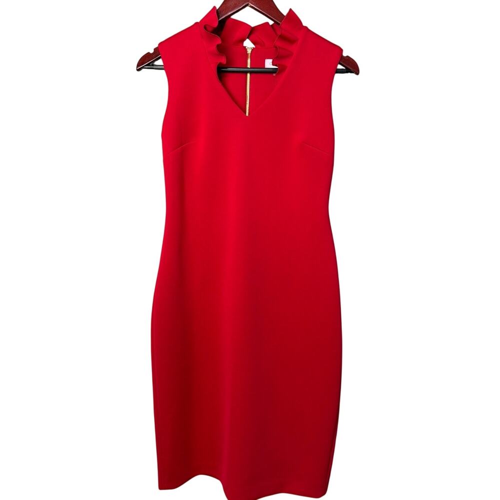 Calvin Klein Red Scuba Knit Dress Ruffle V-Neck Sleeveless Officesiren Staple 4 - Picture 2 of 9